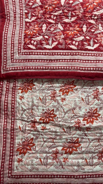 Large Lotus with mixed border King Size Quilt in Deep Red and Coral