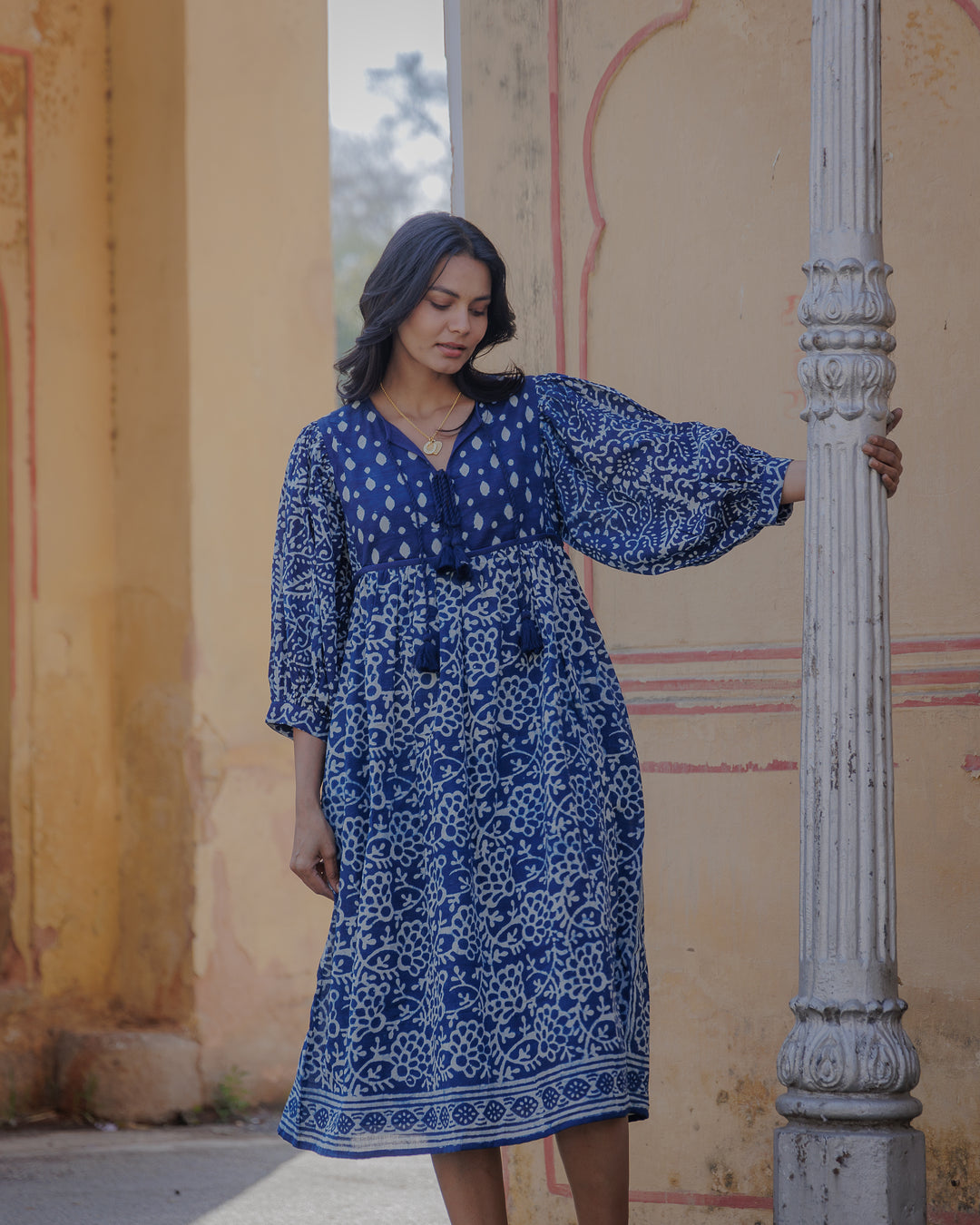 Farah Midi Dress in Natural Indigo