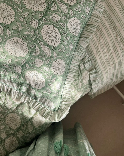 Marigold Stripe Ruffle Pillowcase in Sage Green