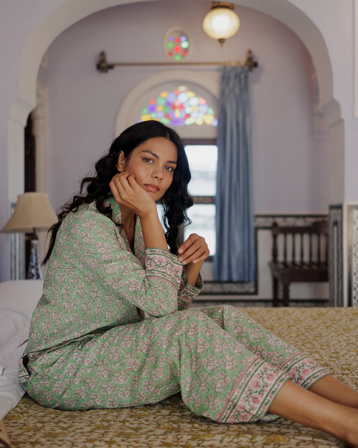 Mogra Long Sleeve PJ set in Sage and Pink