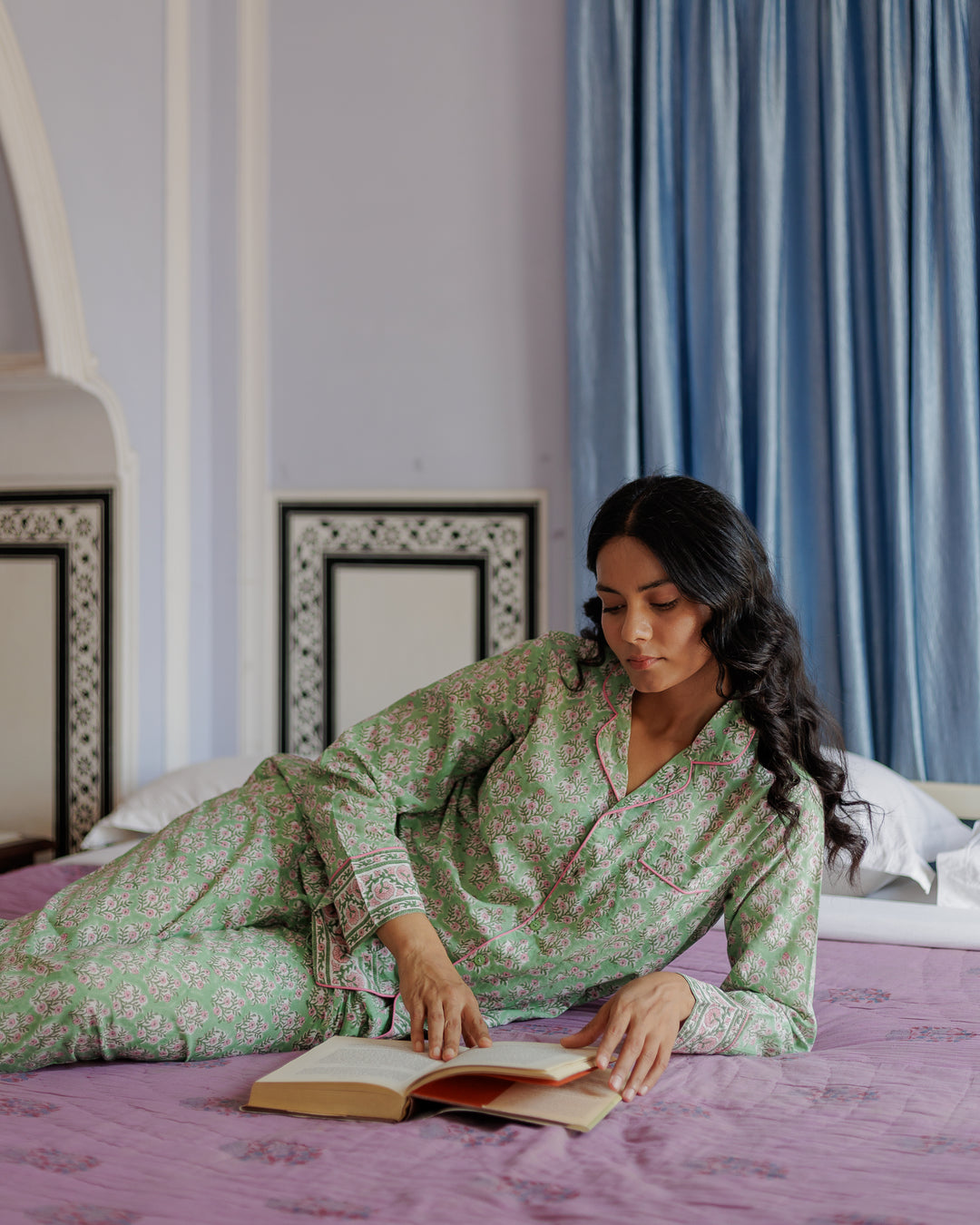 Mogra Long Sleeve PJ set in Sage and Pink