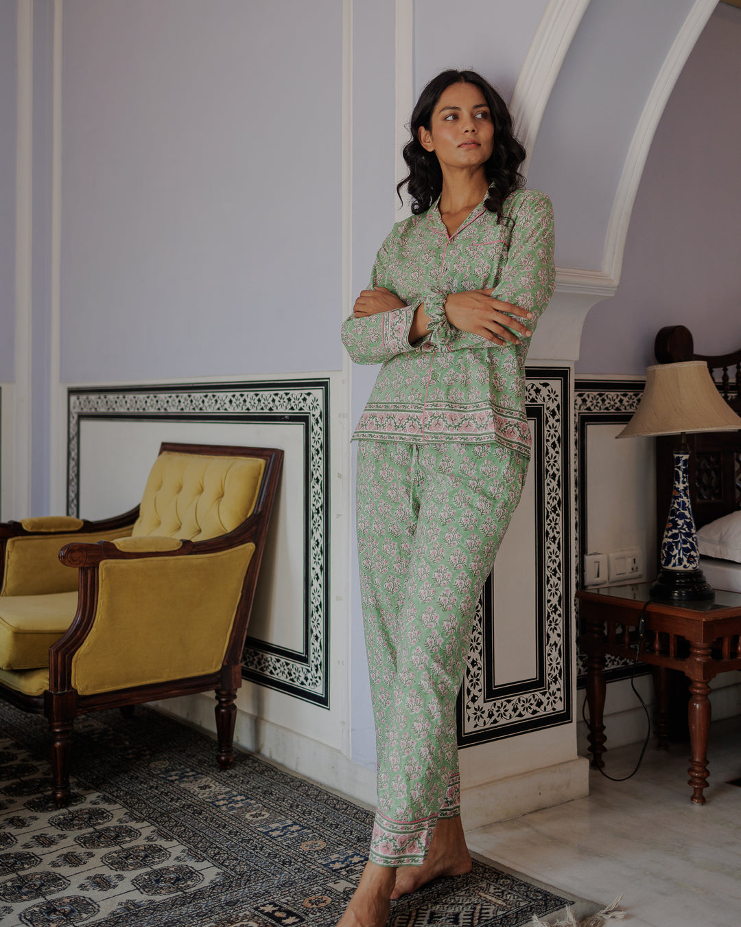 Mogra Long Sleeve PJ set in Sage and Pink