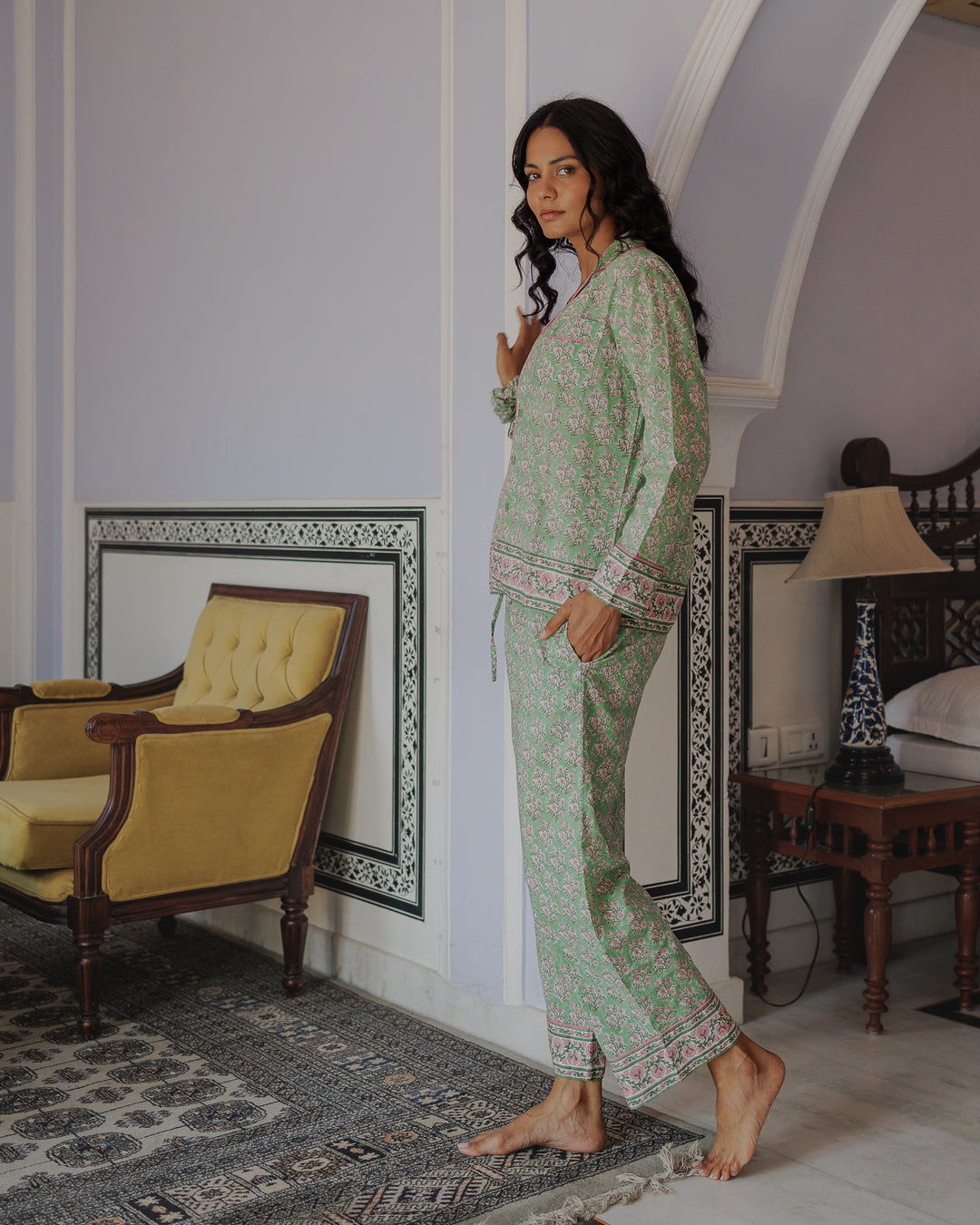 Mogra Long Sleeve PJ set in Sage and Pink