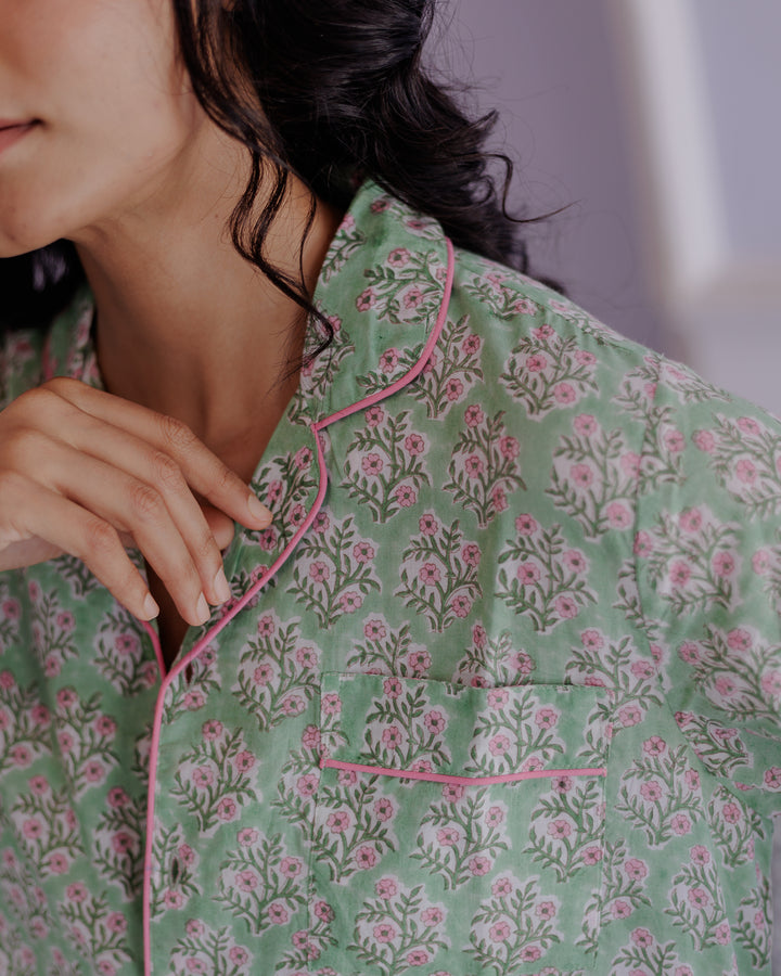 Mogra Long Sleeve PJ set in Sage and Pink