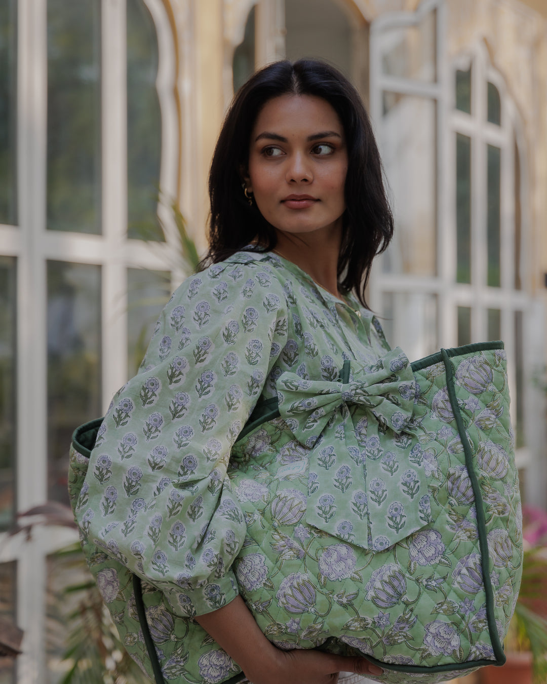 Lotus Jaal Quilted Bow Bag in Tulsi Green