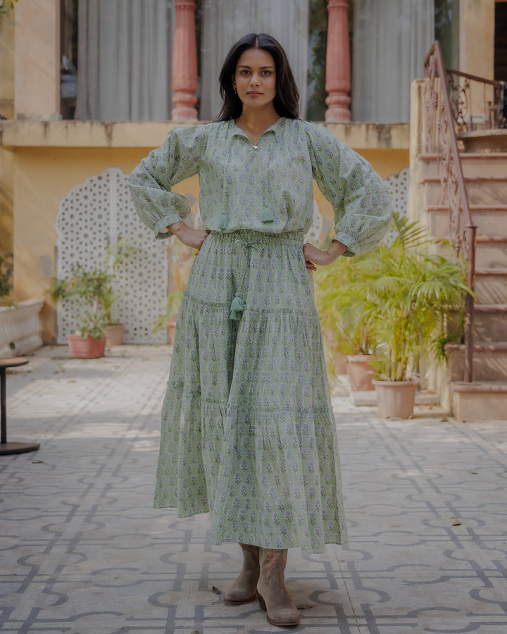 Maya Maxi-Tiered Skirt in Tulsi Green