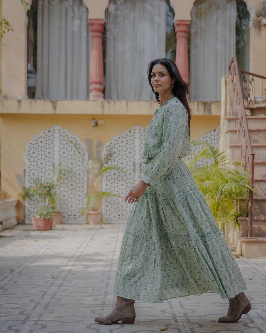 Maya Maxi-Tiered Skirt in Tulsi Green