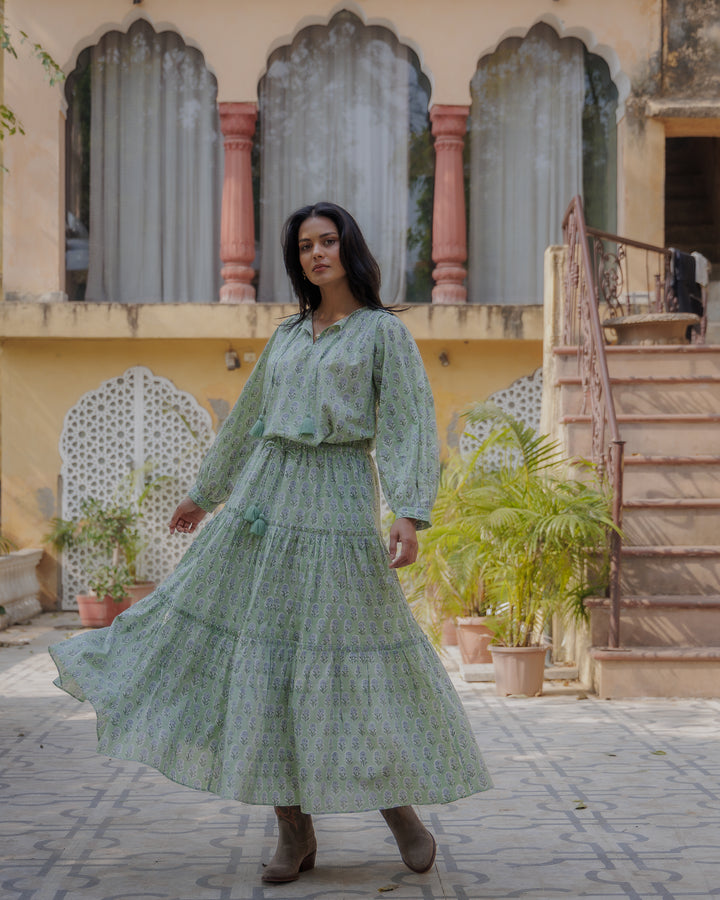 Maya Maxi-Tiered Skirt in Tulsi Green