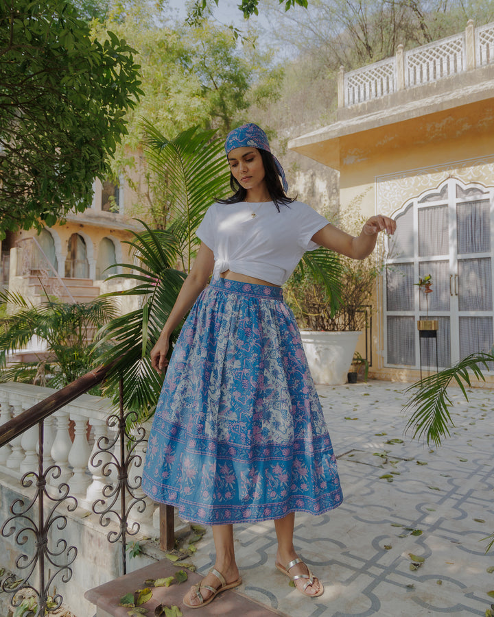 Suri Panelled Midi Skirt in Cornflower & Lavender