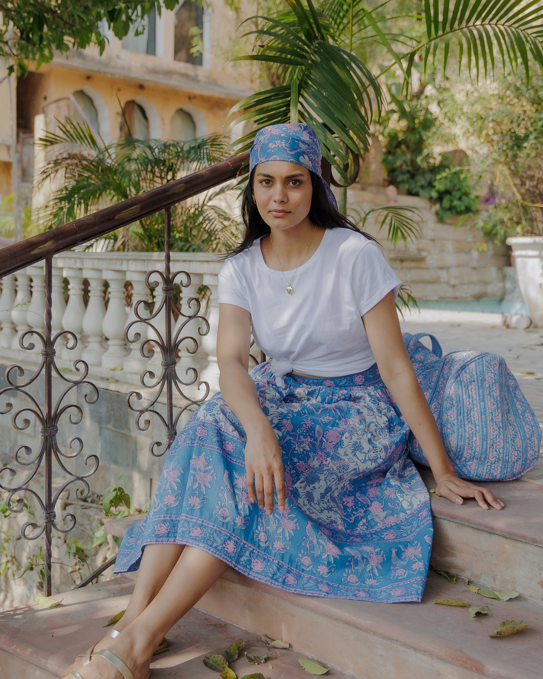 Suri Panelled Midi Skirt in Cornflower & Lavender