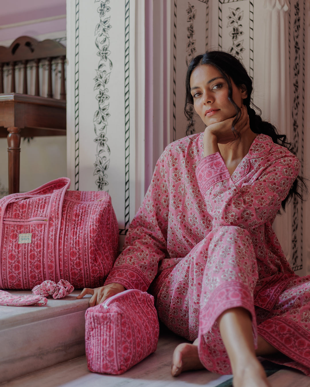 Mogra Long Sleeve PJ set in Rani Pink