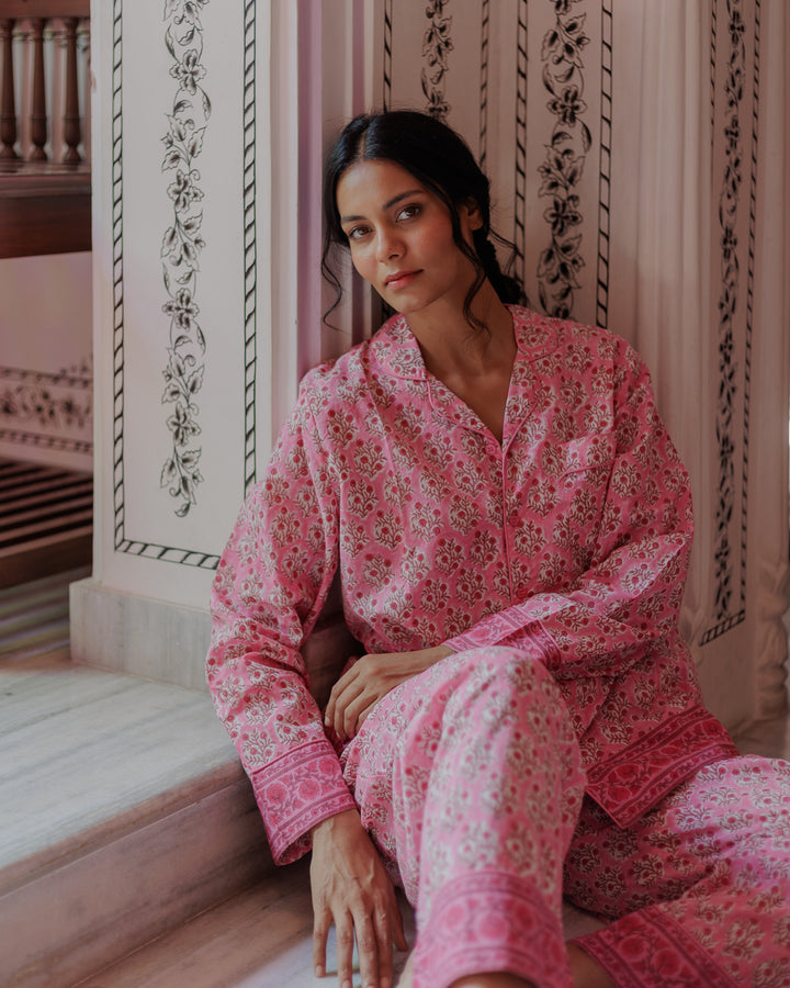 Mogra Long Sleeve PJ set in Rani Pink