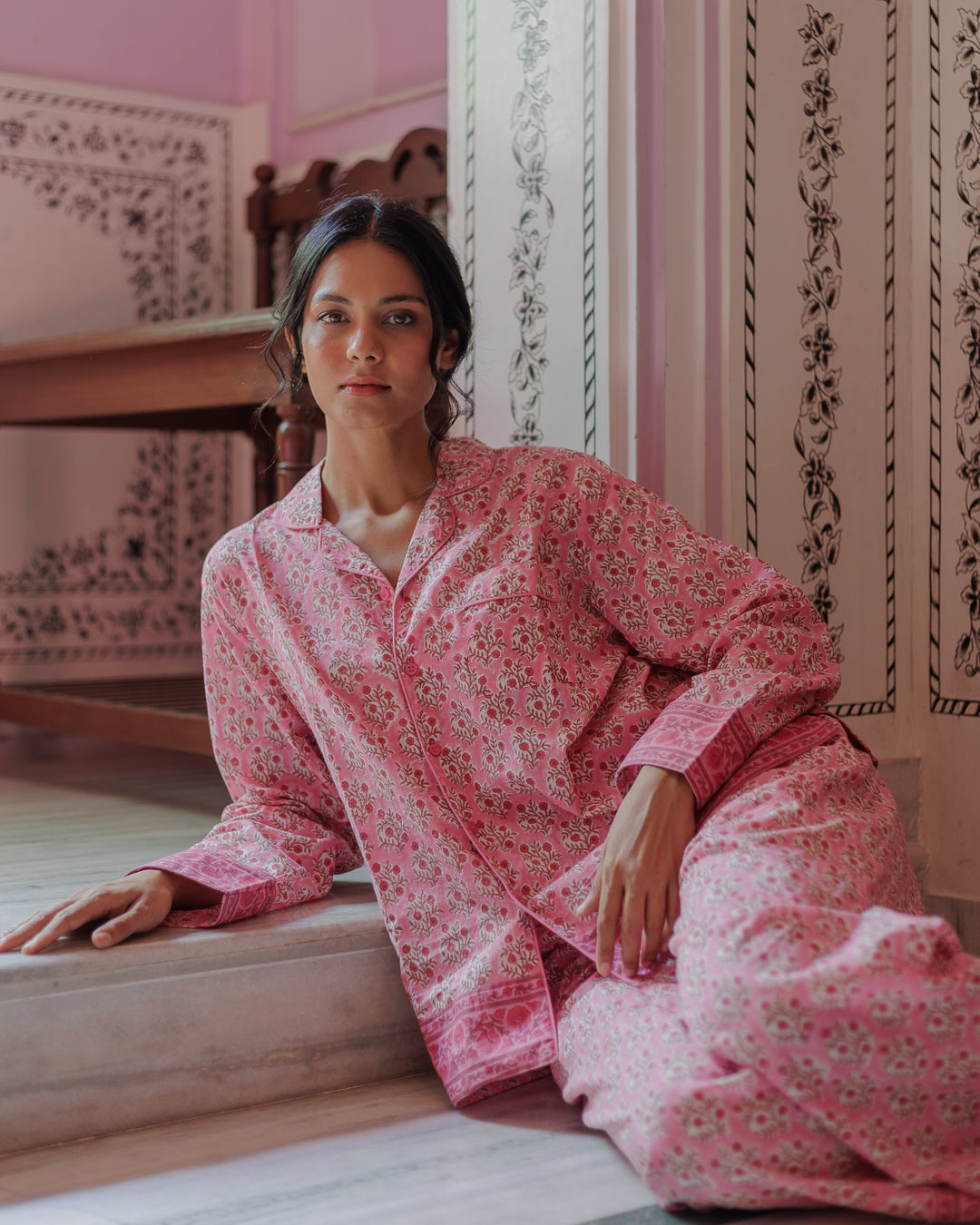 Mogra Long Sleeve PJ set in Rani Pink