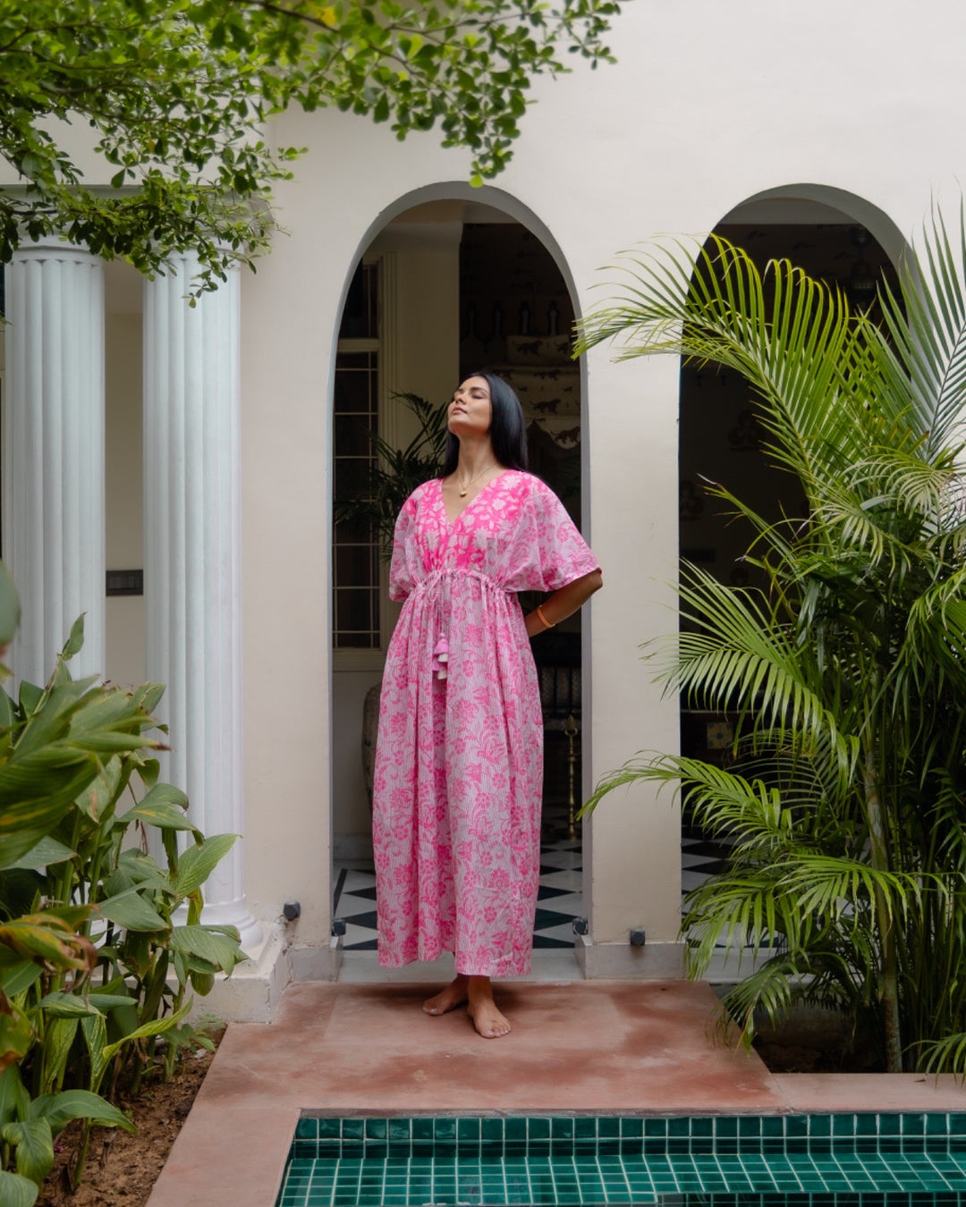 Tilly stripe champaca maxi kaftan dress in neon pink