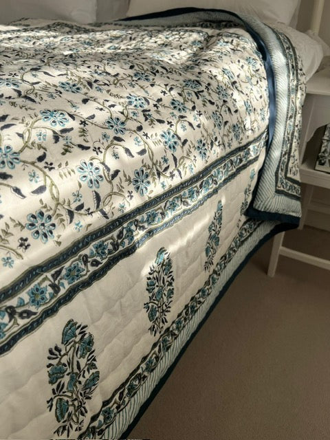 Maharaja border King Size Quilt in Blue and Olive