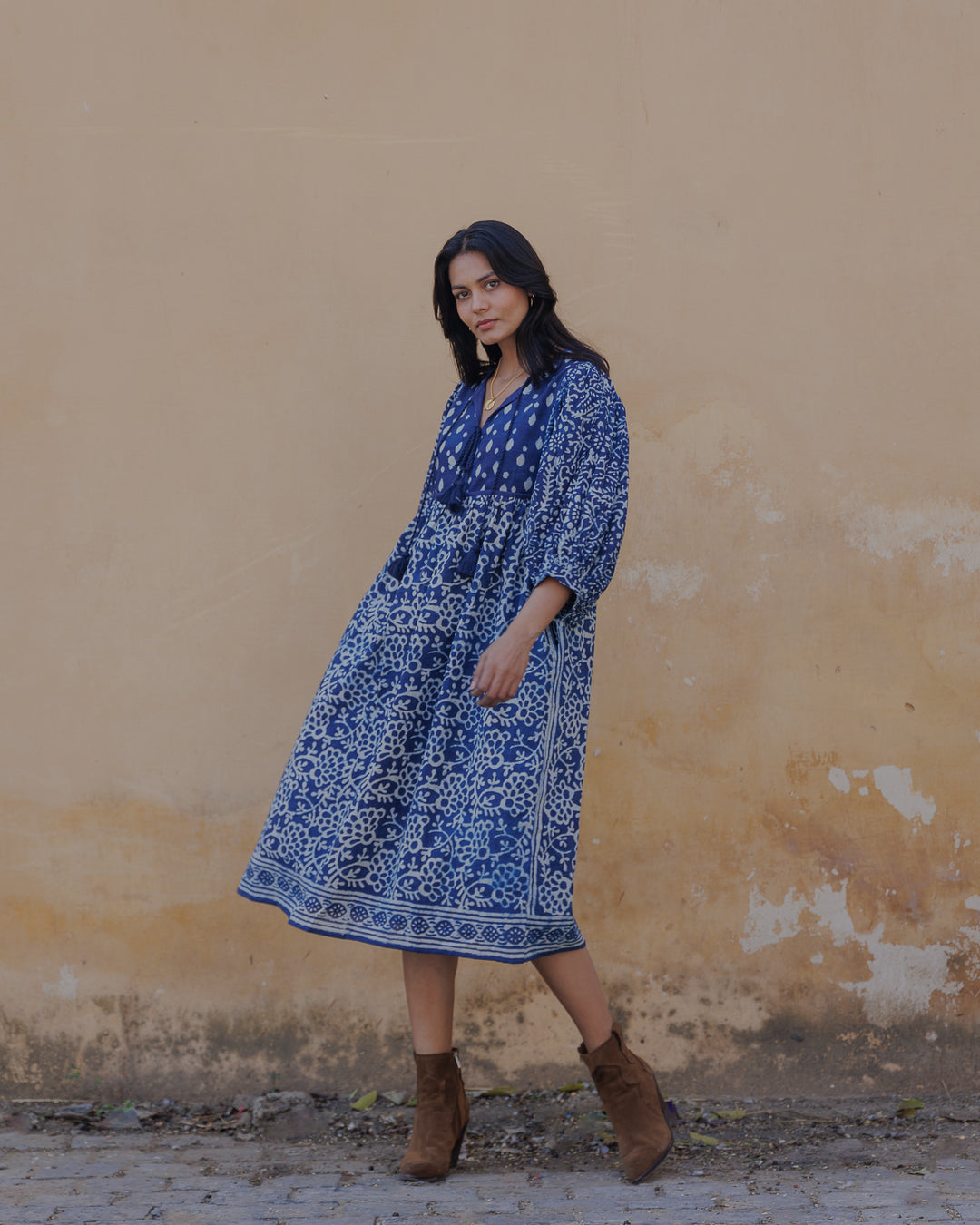 Farah Midi Dress in Natural Indigo