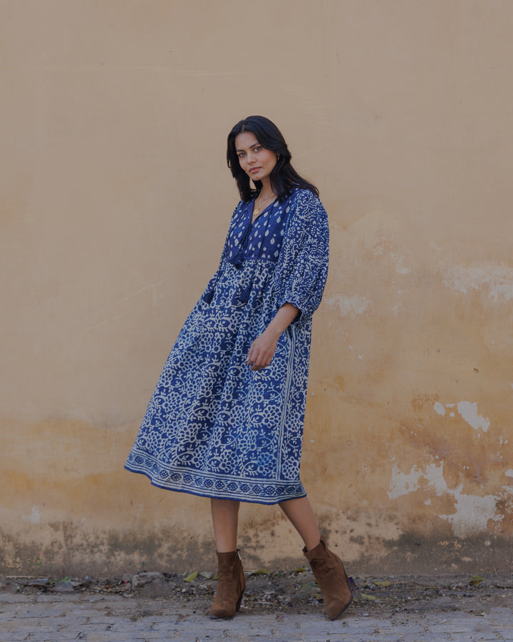 Farah Midi Dress in Natural Indigo