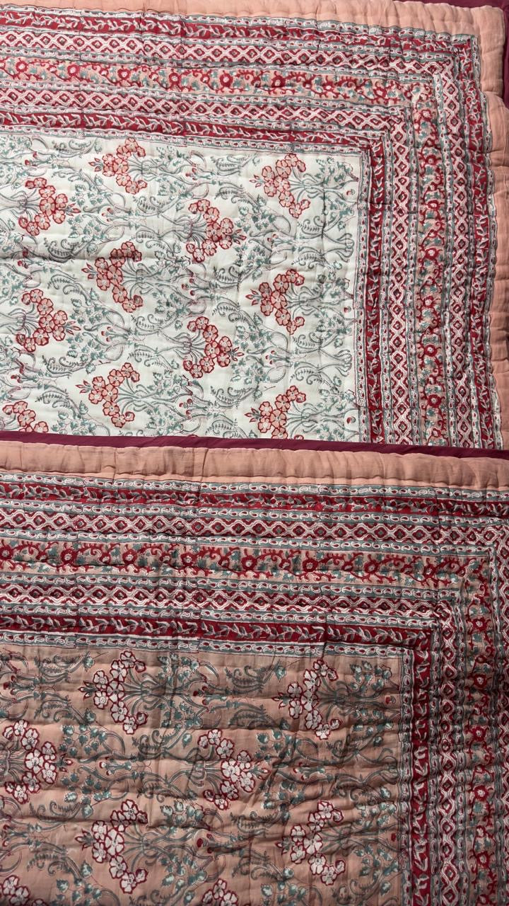 Floral Jaal with mixed border King Size Quilt in Dusty Peach & Sage