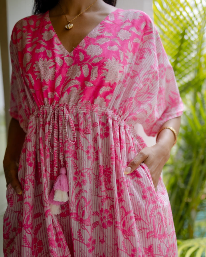 Tilly stripe champaca maxi kaftan dress in neon pink