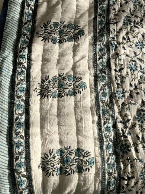 Maharaja border King Size Quilt in Blue and Olive