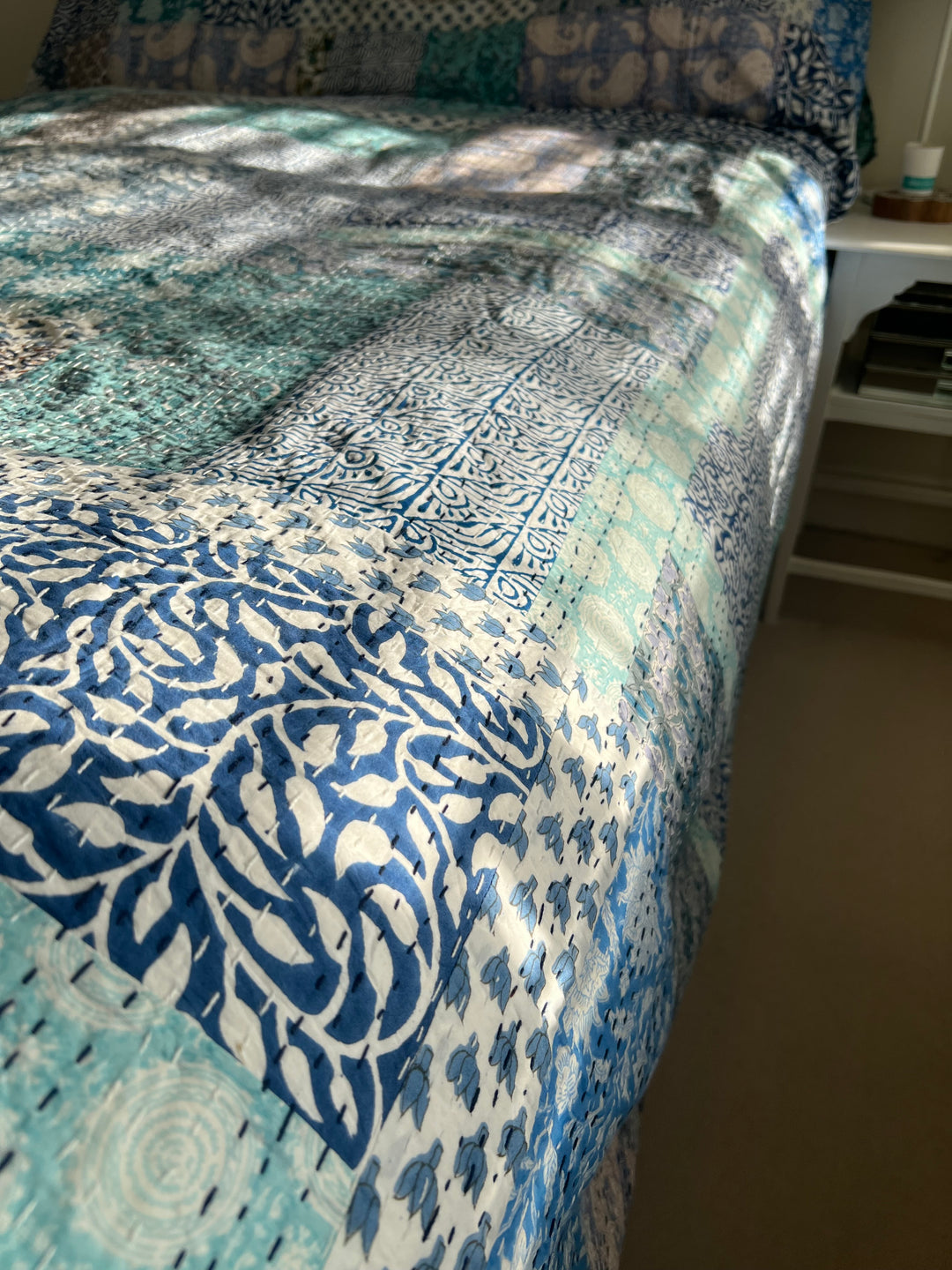 Patchwork Kantha in Celestial Blue and Aqua