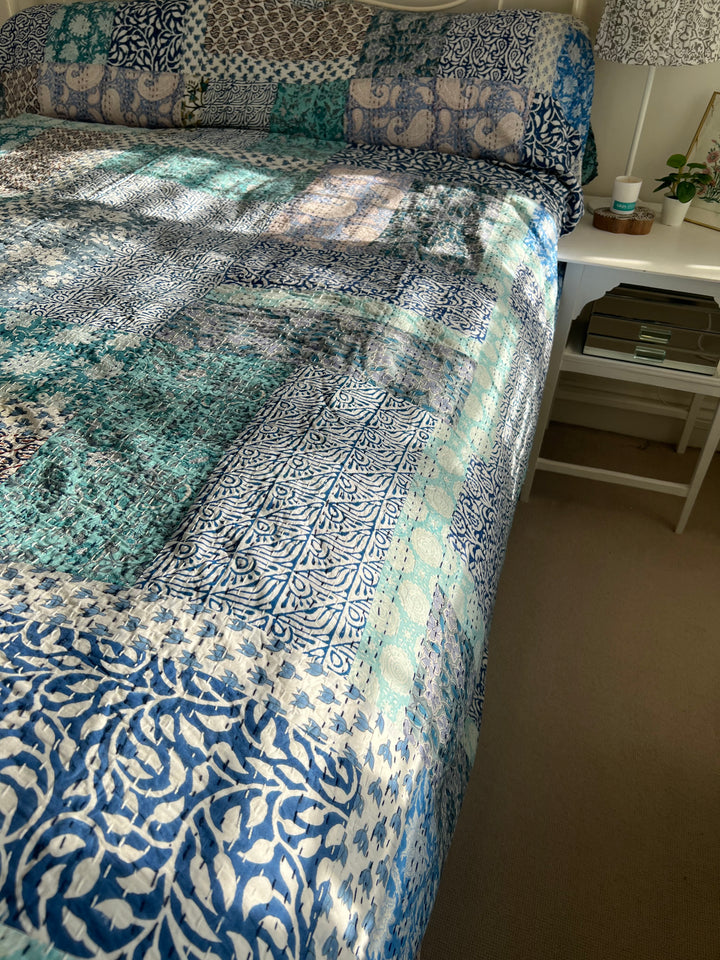 Patchwork Kantha in Celestial Blue and Aqua