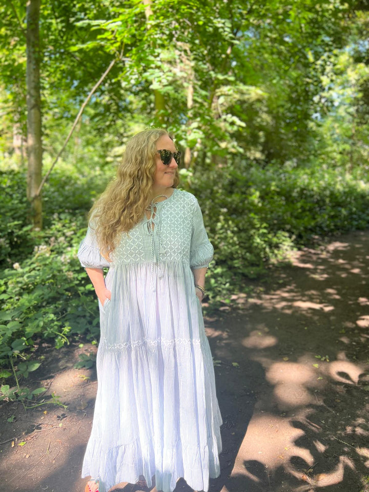 Chikankari-embroidered maxi dress in dusty blue stripe