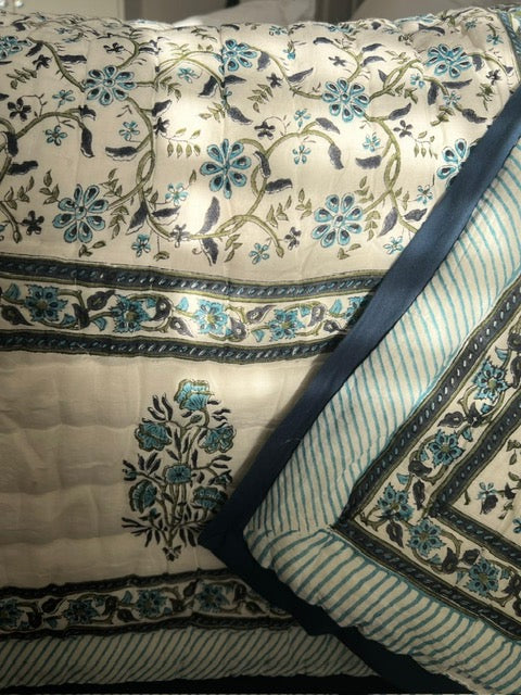 Maharaja border King Size Quilt in Blue and Olive