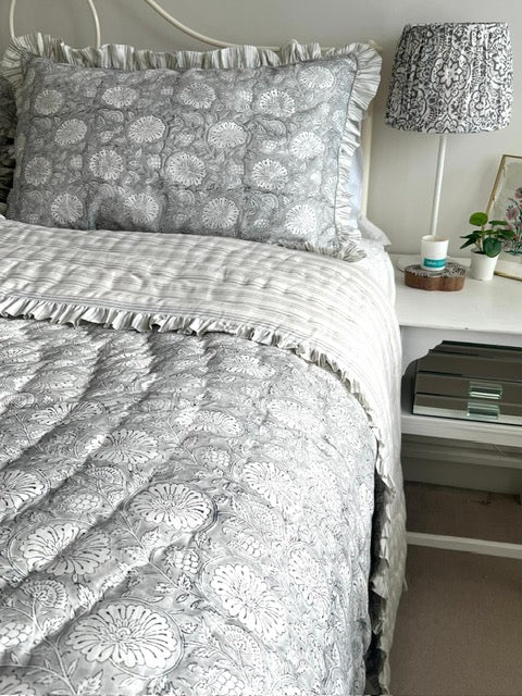 Lunar Grey Marigold Stripe Ruffle Quilt