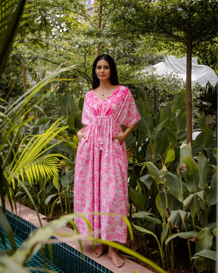 Tilly stripe champaca maxi kaftan dress in neon pink