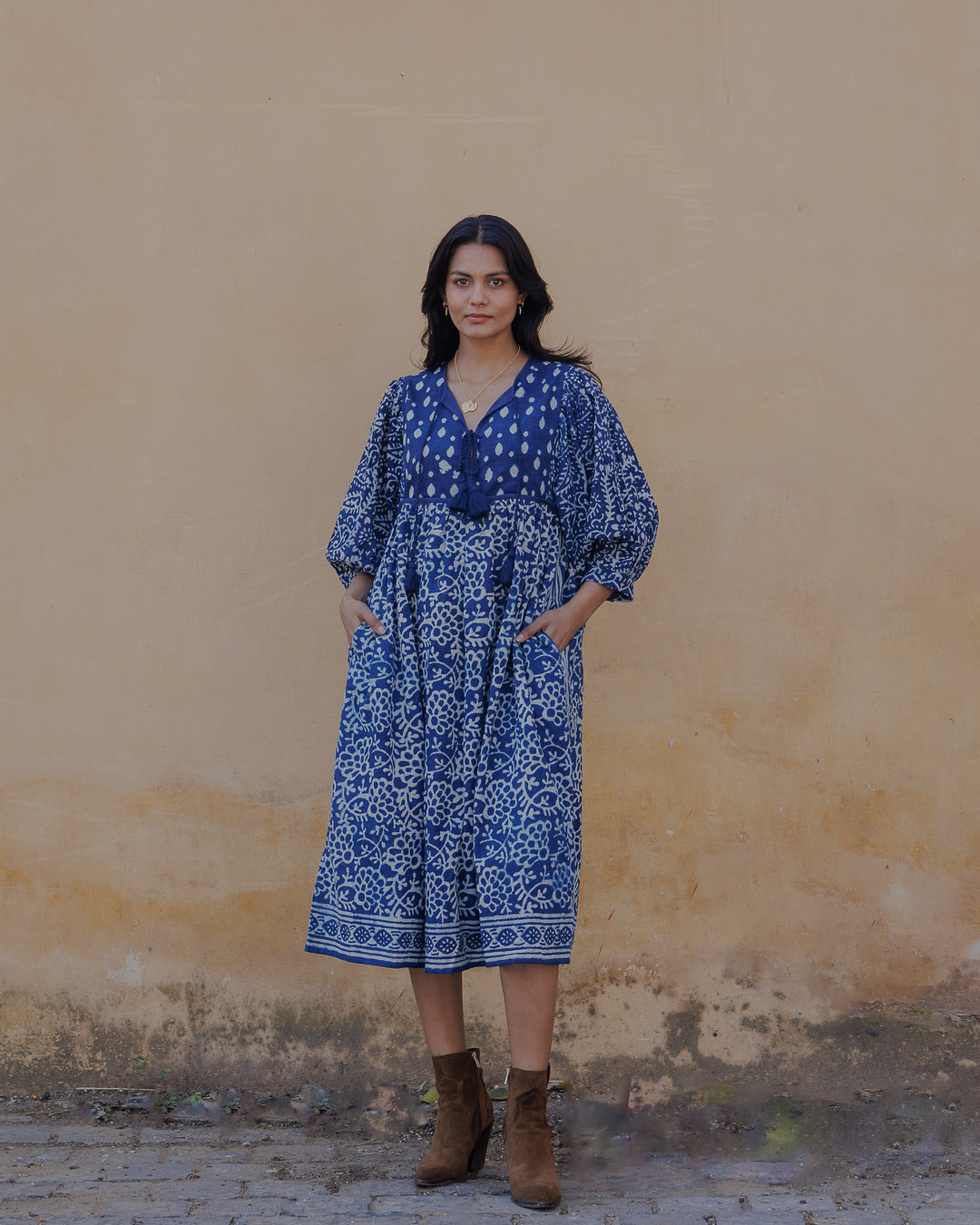 Farah Midi Dress in Natural Indigo