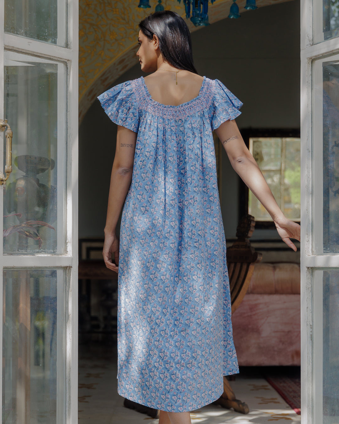 Mogra Smocked Nightie in Dusty Blue and Lavender