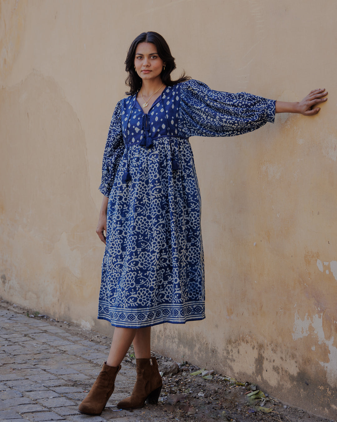 Farah Midi Dress in Natural Indigo