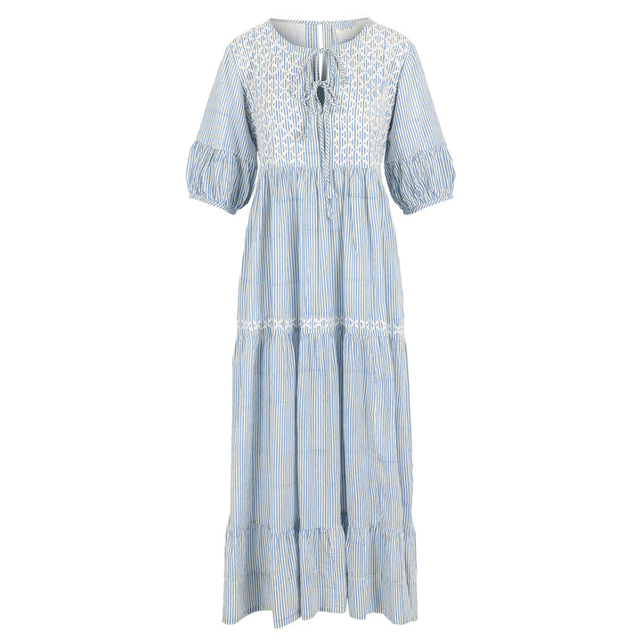 Chikankari-embroidered maxi dress in dusty blue stripe