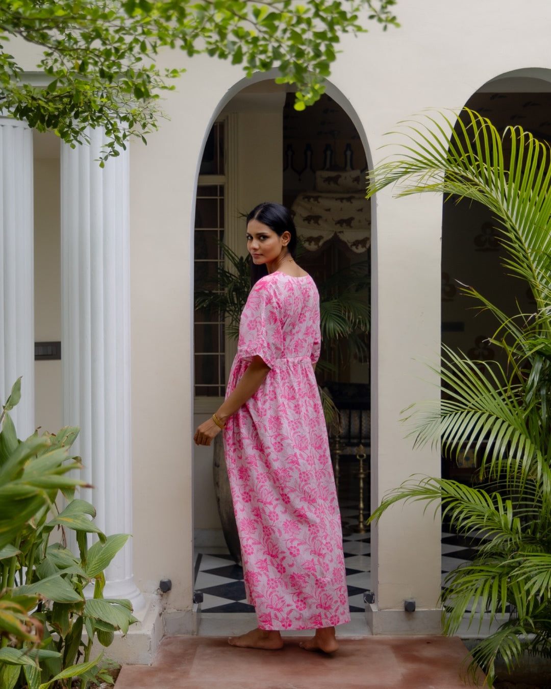 Tilly stripe champaca maxi kaftan dress in neon pink