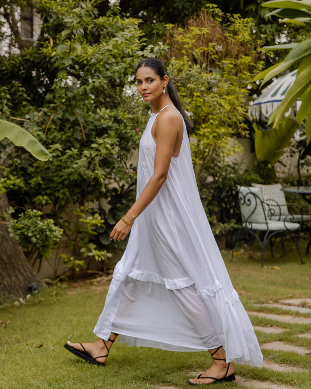 Chikankari embroidered sundress in jasmine white