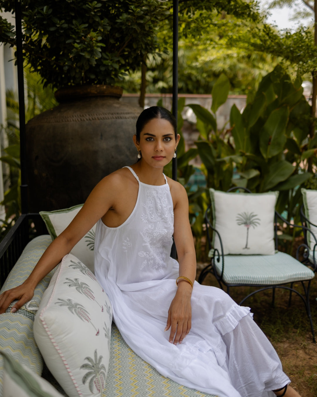 Chikankari embroidered sundress in jasmine white