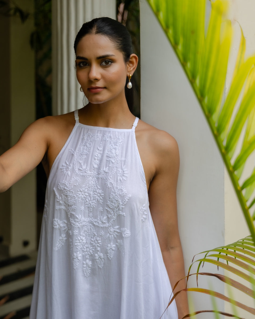 Chikankari embroidered sundress in jasmine white