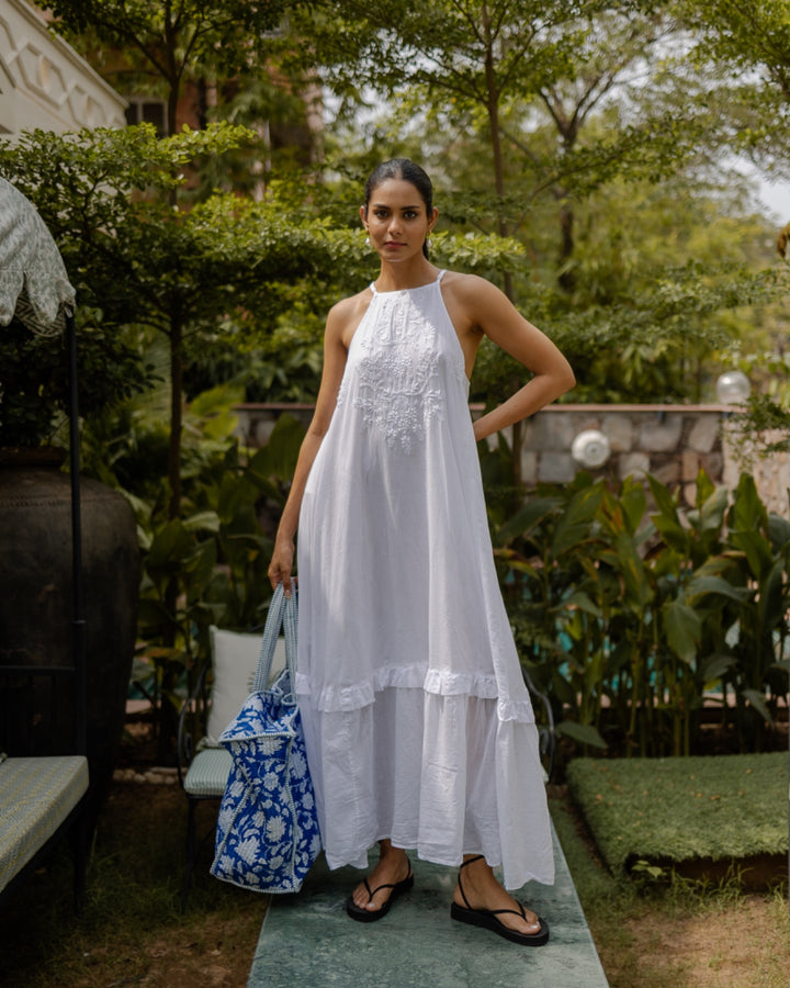 Chikankari embroidered sundress in jasmine white