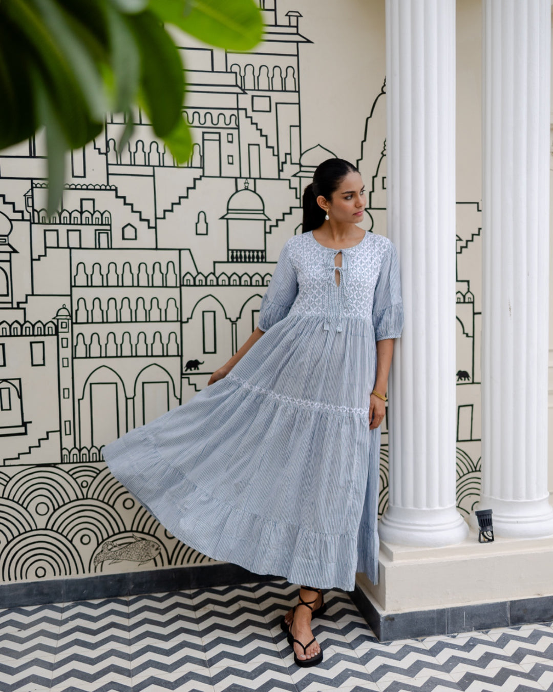 Chikankari-embroidered maxi dress in dusty blue stripe