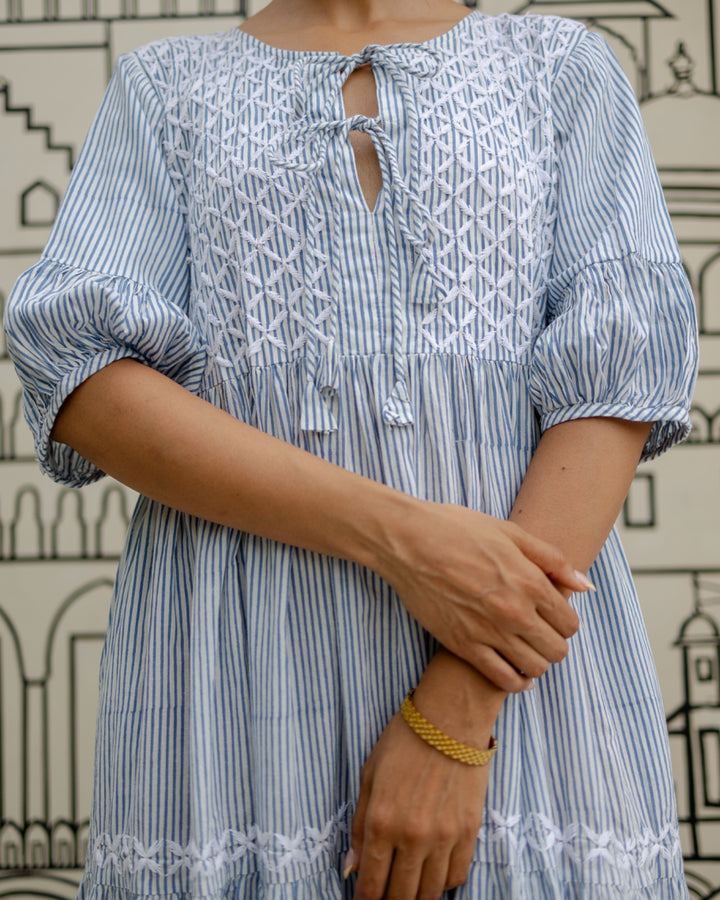 Chikankari-embroidered maxi dress in dusty blue stripe