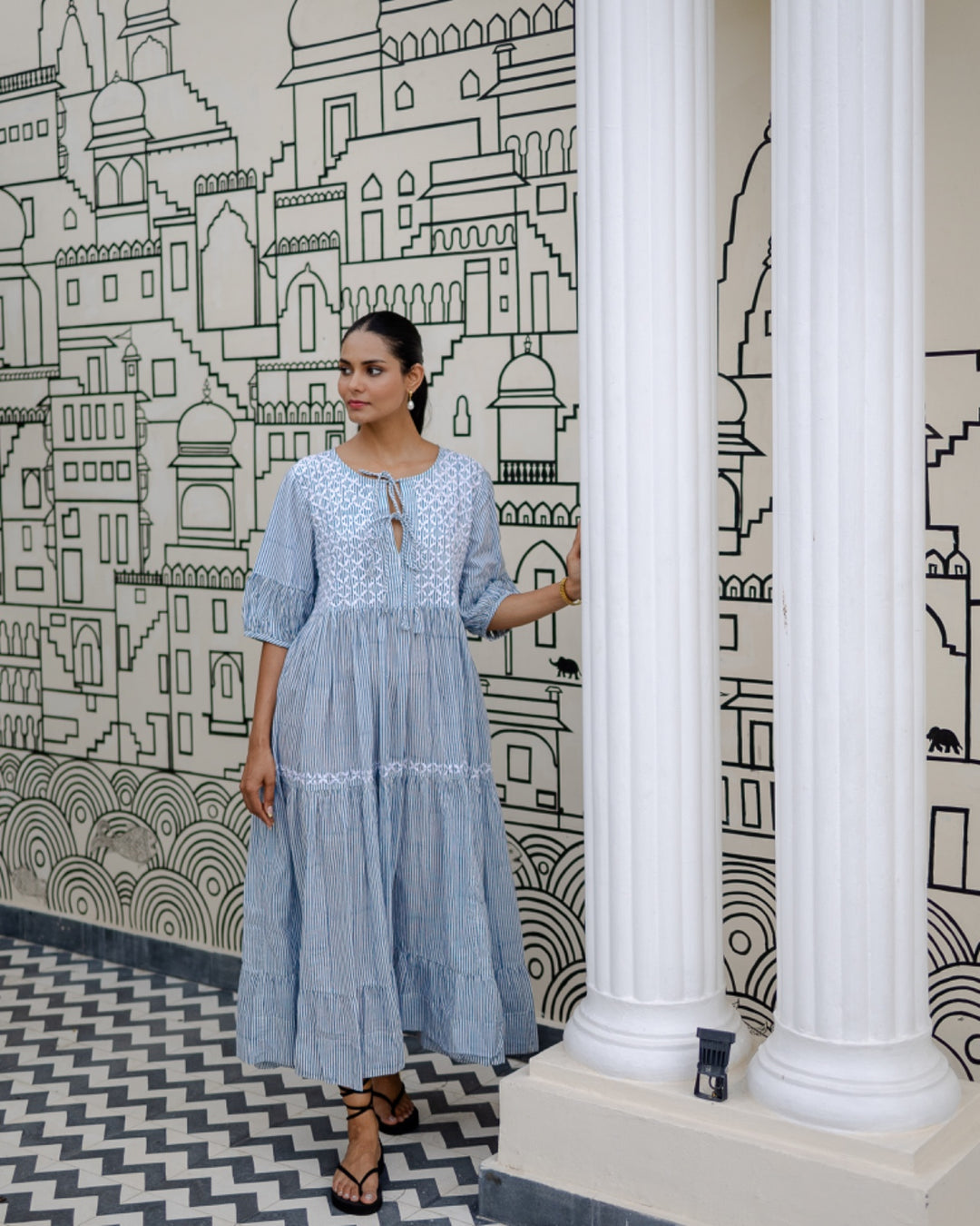 Chikankari-embroidered maxi dress in dusty blue stripe