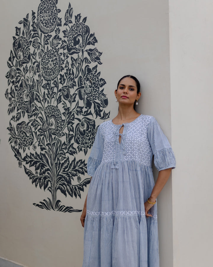 Chikankari-embroidered maxi dress in dusty blue stripe