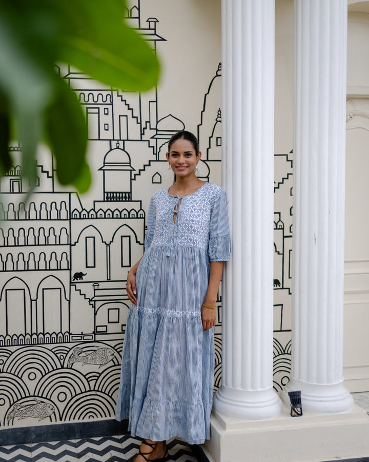 Chikankari-embroidered maxi dress in dusty blue stripe