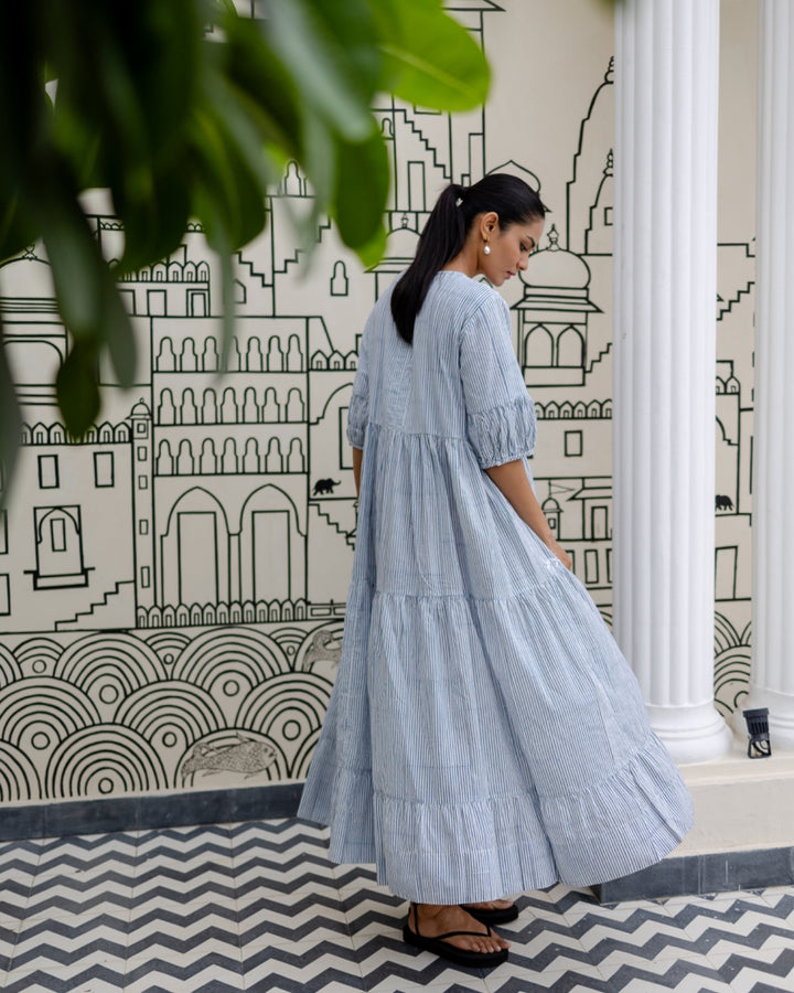 Chikankari-embroidered maxi dress in dusty blue stripe