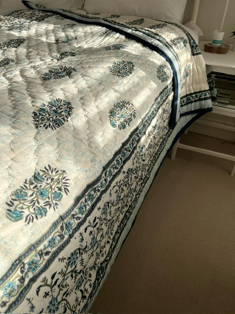 Maharaja border King Size Quilt in Blue and Olive