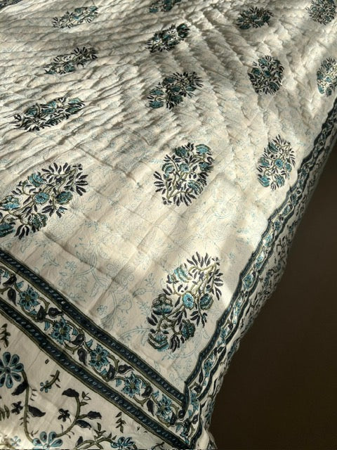 Maharaja border King Size Quilt in Blue and Olive