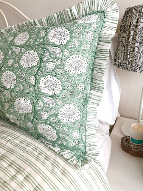 Marigold Stripe Ruffle Pillowcase in Sage Green