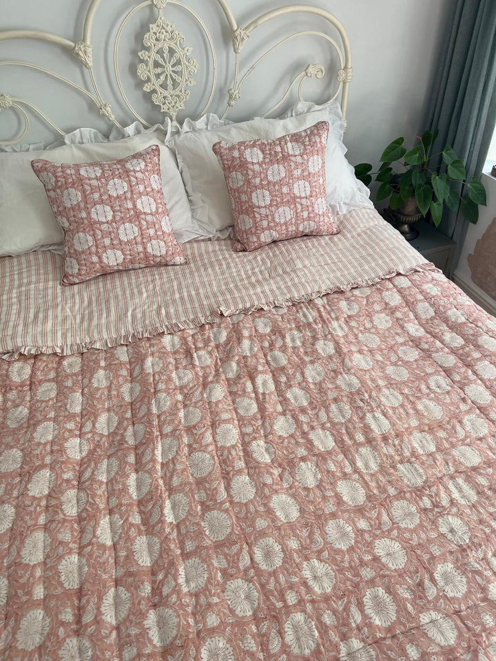 Dusty Pink Marigold Stripe Ruffle Quilt