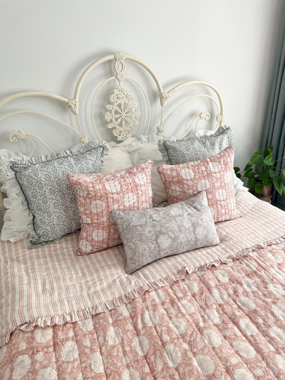 Dusty Pink Marigold Stripe Ruffle Quilt